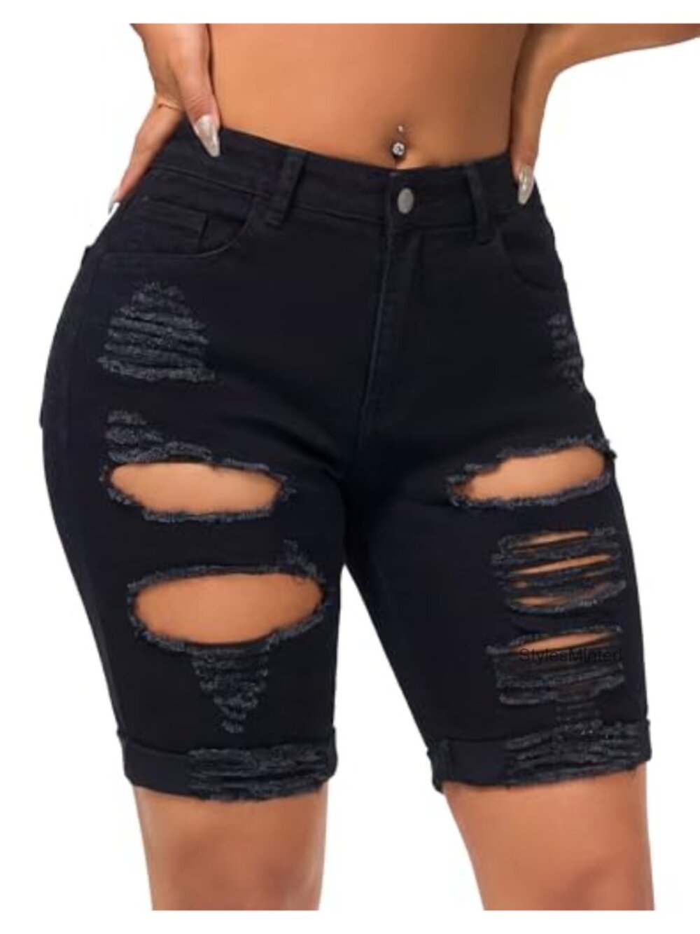 Mid Rise Stretchy Ripped Denim Bermuda Shorts Destroyed Knee Length